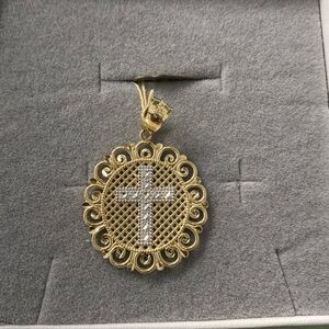 14K Two tone Gold Circle Cross Pendant